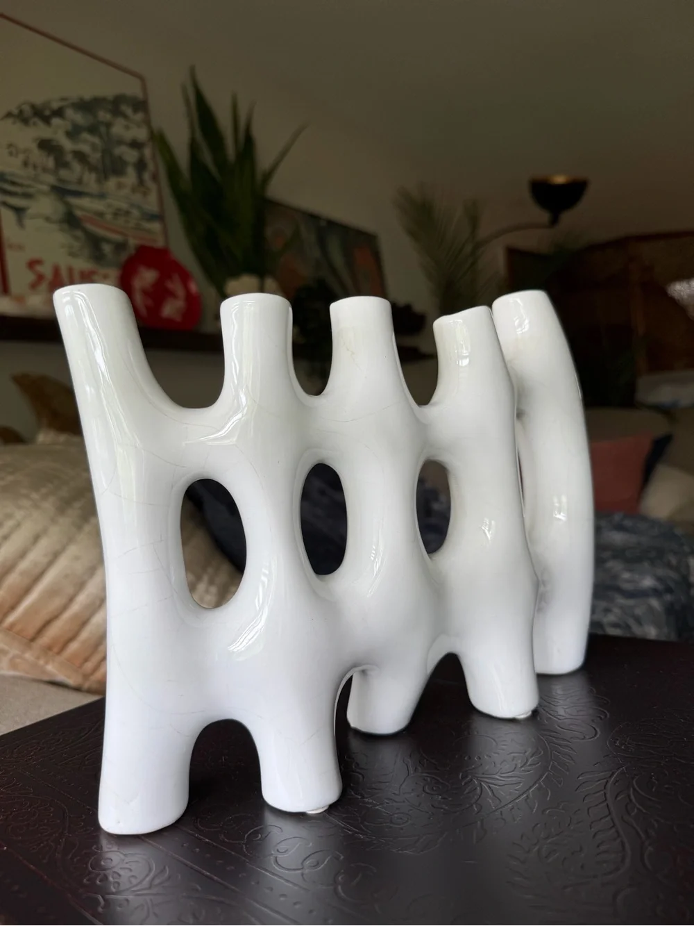 VTG Postmodern White Ceramic Biomorphic Ikebana Vase Sculptural Openwork Pottery